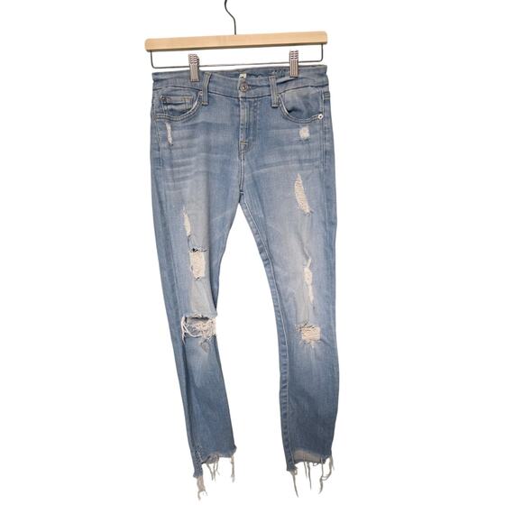 7 For All Mankind Jeans Sz 26 Light Wash Distressed Ripped Skinny Denim Fall - Picture 1 of 7